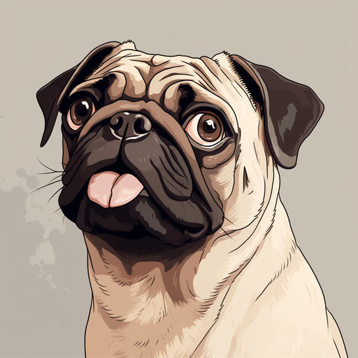 Pug dog on white background, Matt Bors style, light maroon