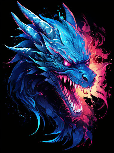 Black, blue and pink dragon tattoo, vibrant energy style