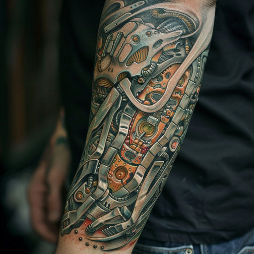 Biomechanical tattoo with mystical themes, Palumbo style