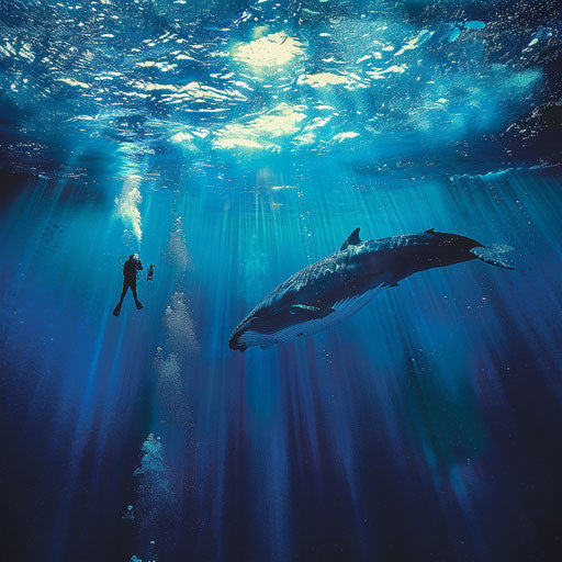 Peaceful encounter of a blue whale and curious scuba divers in the Indian Ocean