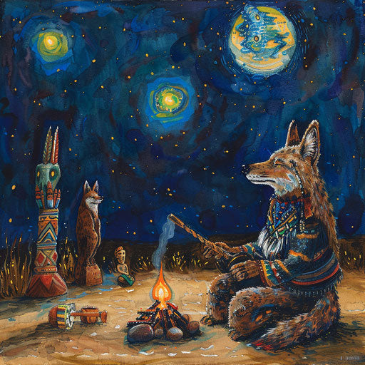 Coyote shaman performing sacred ritual under starry sky