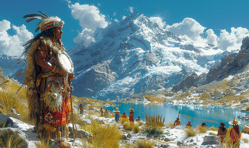 Ancient Incan King with round mirror reflecting sun, surrounded by Quechua people in Peruvian Andes