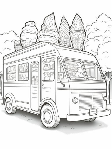 Ice cream truck coloring page for kids, Chris Van Allsburg style