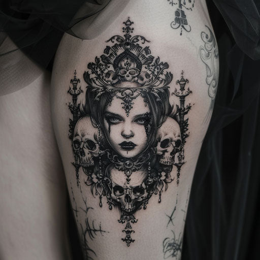 Dark gothic thigh tattoo with skulls