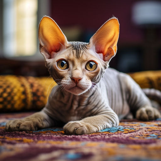 Devon Rex cat lying on a carpet