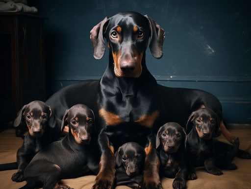 Black doberman dog with 4 puppies, maroon and blue style
