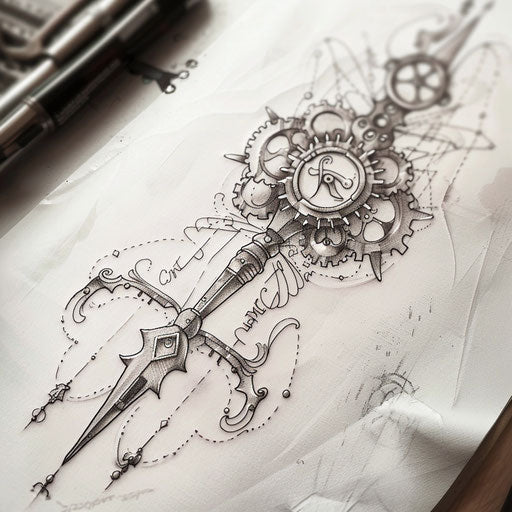 Steampunk arrow tattoo, gears and mechanical intricacies