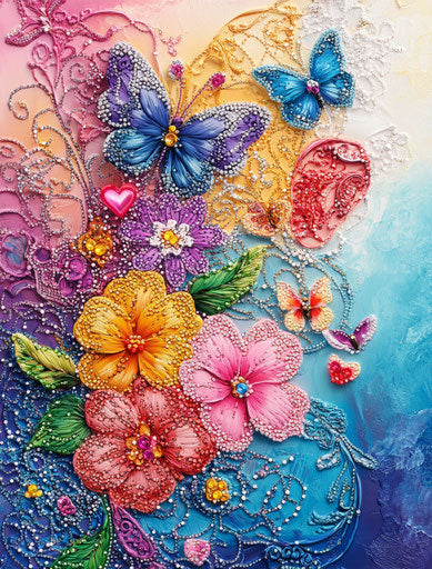 Colorful flowers, lace hearts, and butterflies, 3D diamond painting 29:38