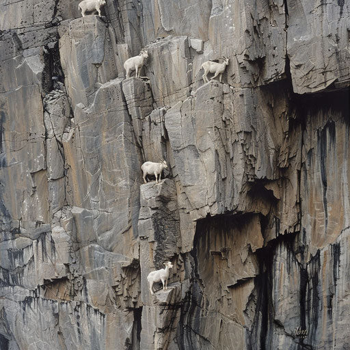 Mountain goats climbing a sheer cliff face