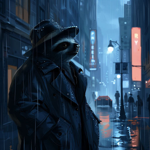 The sloth detective solving mysteries in rainy cityscape