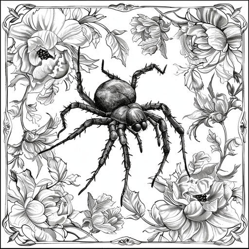 Black widow spider surrounded by vintage floral patterns