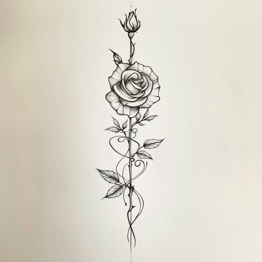Flat tattoo sketch of a rose with elegant calligraphic lines
