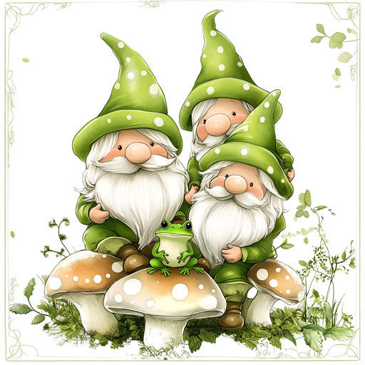 Cute green gnomes with frogs on mushrooms