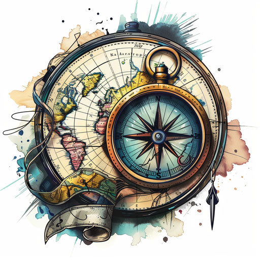 Fishing-themed compass and map tattoo illustration