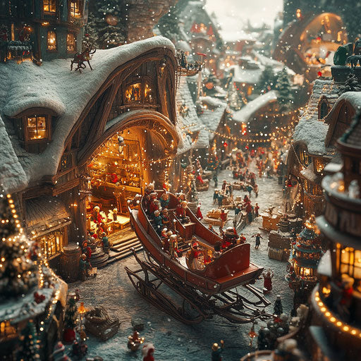 Whimsical scene of Santa's sleigh in a busy North Pole workshop