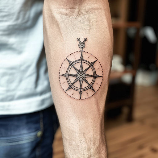 Minimalist sailor tattoo: knot and boat wheel