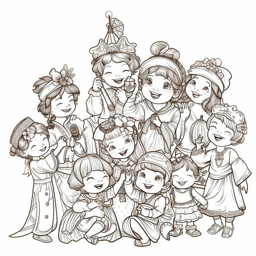 Children dressing up for a play. Coloring book page