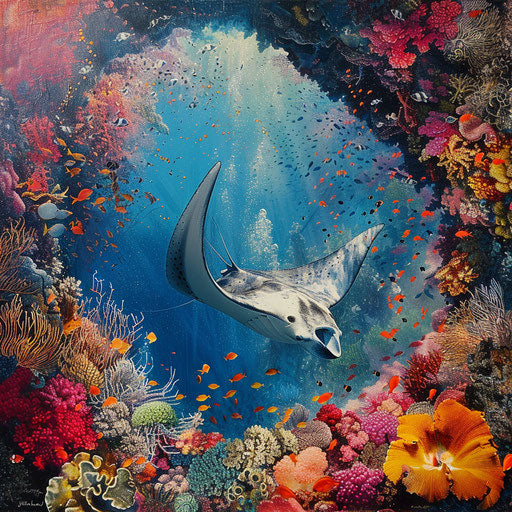 Manta ray in a colorful coral garden, in the style of Frans Lanting