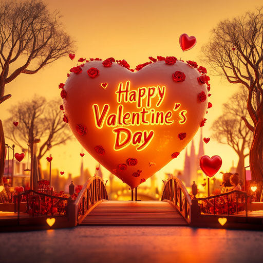 Heart-shaped sculpture surrounded by red roses