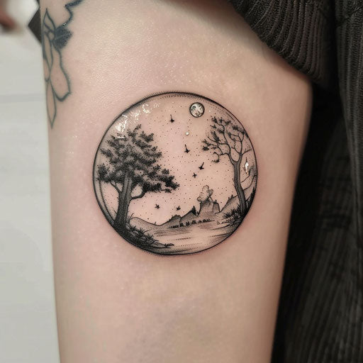 Flat tattoo sketch of a delicate floating bubble filled with dreamy scenes inside