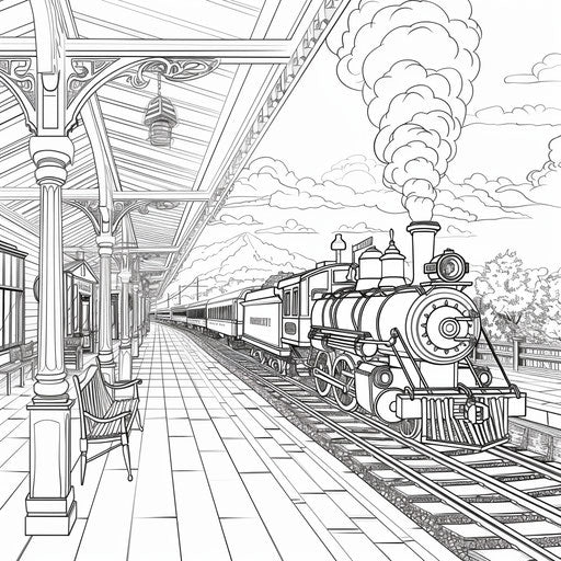 Vintage train station with old-fashioned train, coloring book page