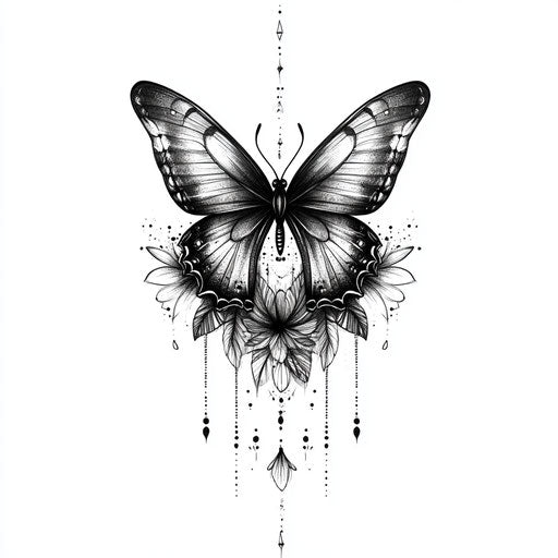 Tribal butterfly tattoo sketch in black ink on white