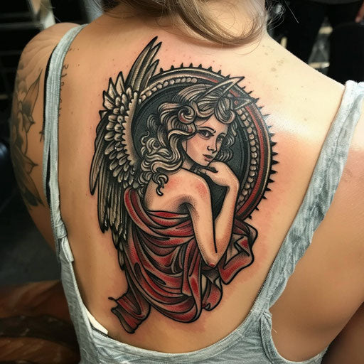 Spiritual tattoos of a guardian angel, Sailor Jerry style, on the shoulder blade