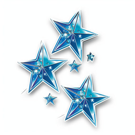 Three blue star stickers on white background