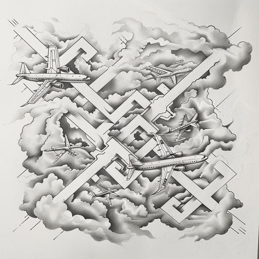 Surreal tattoo sketch of multiple planes flying in a labyrinth of clouds