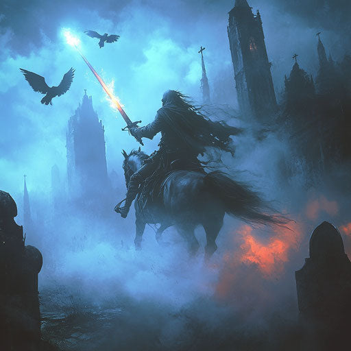 The headless horseman in a foggy cemetery