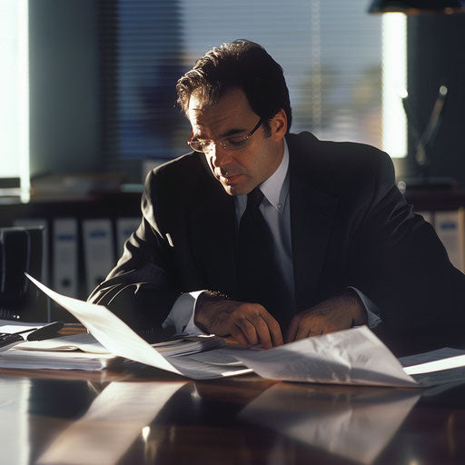 Corporate executive reviewing documents at a large desk