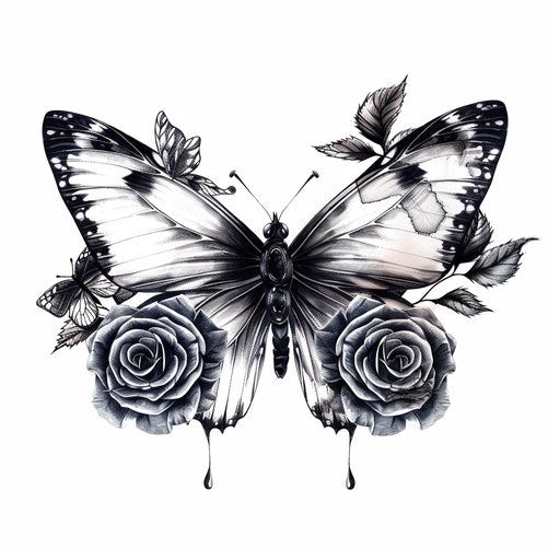 Gothic Butterfly and Roses Tattoo on White Background