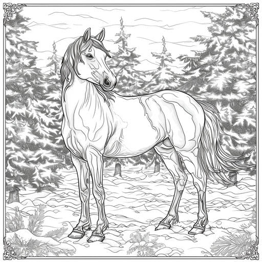 Horse in snowy landscape with fir trees, coloring book page