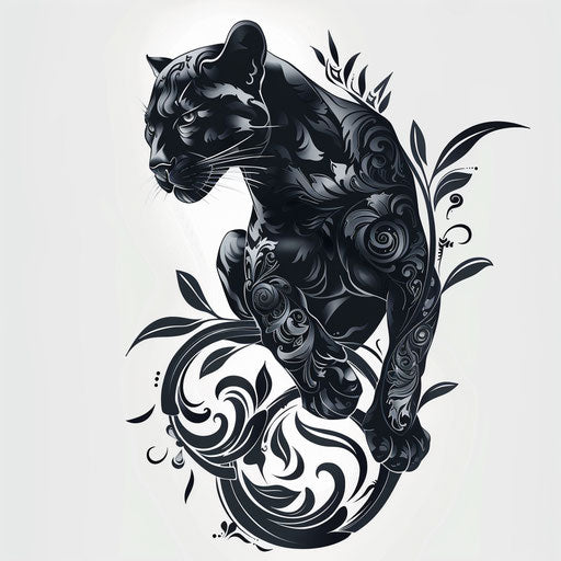 Flowing and graceful black panther tattoo inspired by Art nouveau on ornamental white background.