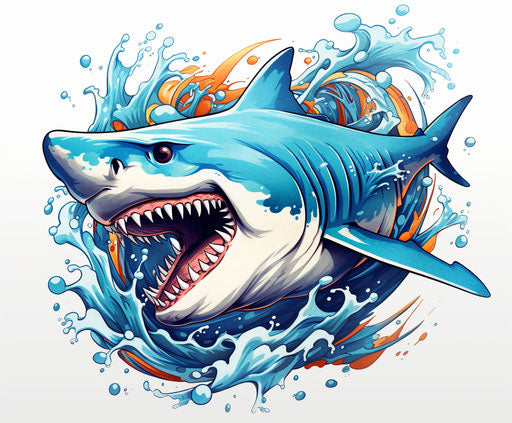 Whimsical cartoon style shark tattoo, light beige and blue
