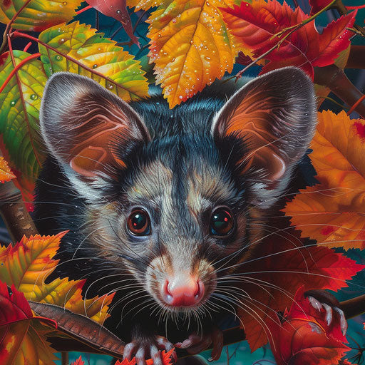 Curious white-tail possum in front of colorful autumn leaves