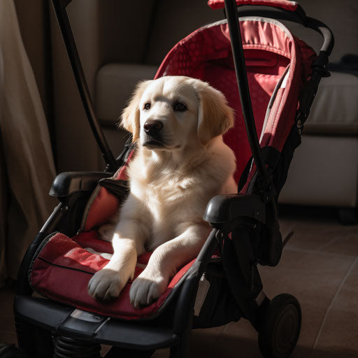 Golden retriever puppy sitting in a stroller