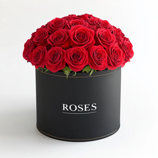 30 red roses in a round black box with 'ROSES' logo