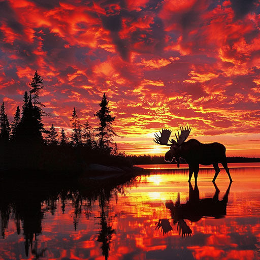 A moose silhouetted against a fiery sunset on a tranquil lakeshore.