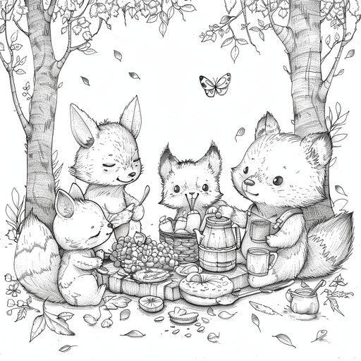 Cute forest animals having a picnic in the style of a Mamoru Hosoda coloring book page
