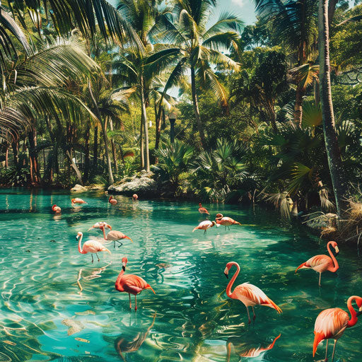 Flamingos in a crystal-clear tropical lagoon