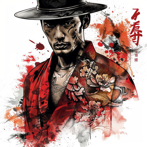 Japanese-inspired gangster tattoo featuring a Yakuza in traditional attire in full color on white background
