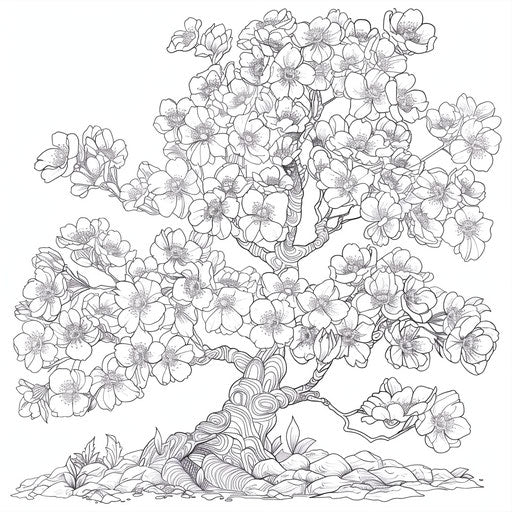 Japanese cherry blossom tree in bloom - Coloring book page