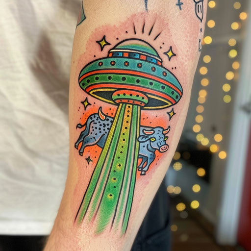 Colorful tattoo of a UFO abducting a cow