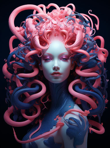 Simplified and stylized portrait with cobras, hyper-realistic fantasy