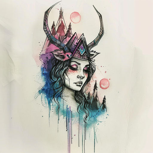 Artistic flat tattoo sketch of Artemis with a backdrop of watercolor mountains