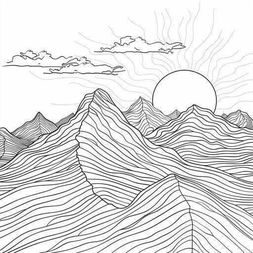Mountain range with sunset on coloring book page