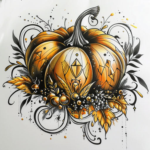 Stylish tattoo sketch of a stylized pumpkin with art deco gold and black accents