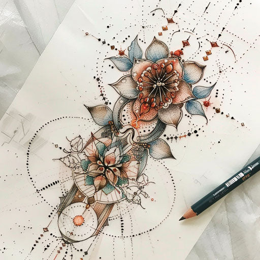 Bohemian tattoo sketch of a cross stitch tattoo with mandala designs and earth-toned color palette