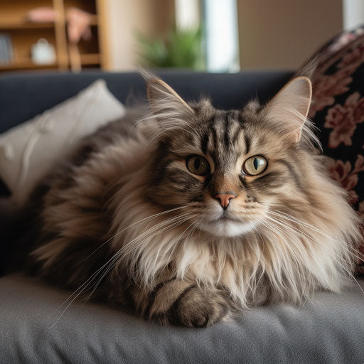 A siberian cat laying on a couch with the owner